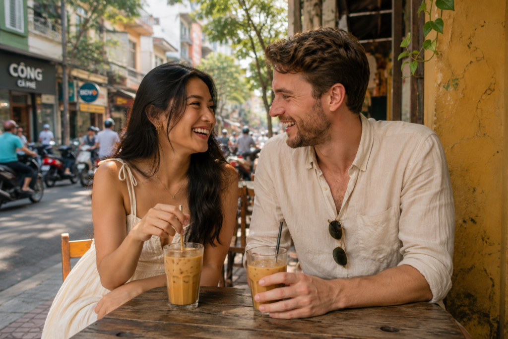 A Vietnamese woman and British man laughing together at a street cafe in Ho Chi Minh City, iced coffee on table, warm afternoon light, candid romantic moment, photorealistic