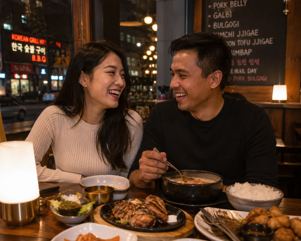 A Korean woman and Filipino man laughing together at a cozy restaurant in Toronto, Korean and Filipino food on table, warm restaurant lighting, romantic candid photo, photorealistic