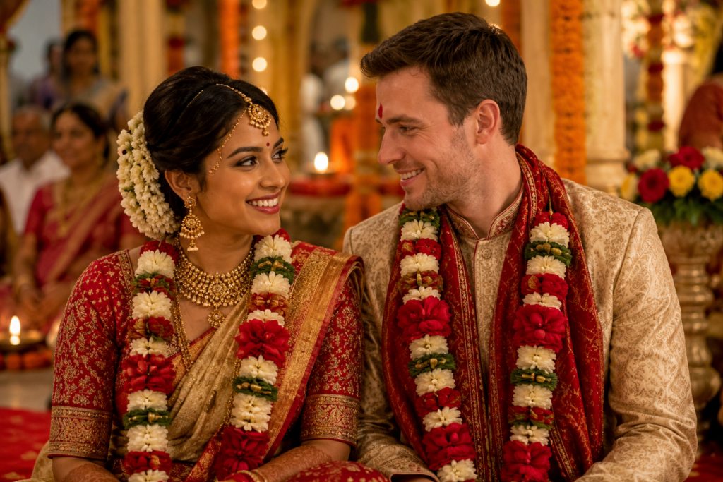 An Indian woman in elegant traditional attire and a Western man smiling together at a Hindu wedding ceremony, colorful marigold decorations, warm candlelight, photorealistic portrait