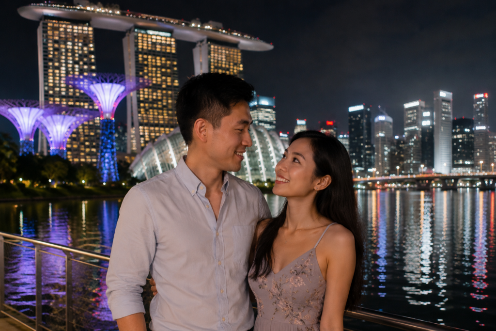 A Chinese couple standing together at Gardens by the Bay Singapore at night, city lights reflecting on water, romantic atmosphere, modern skyline, photorealistic
