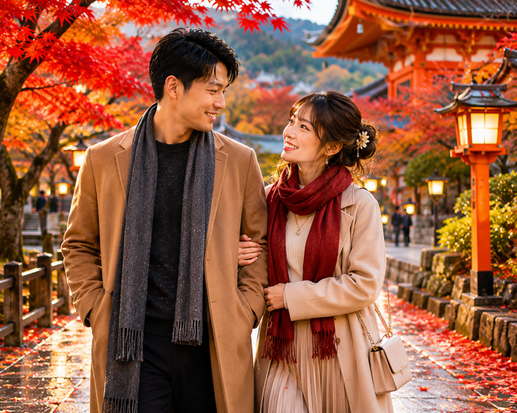A Chinese man and Japanese woman walking together through autumn maple leaves in Kyoto Japan, traditional temple in background, golden red foliage, romantic atmosphere, photorealistic