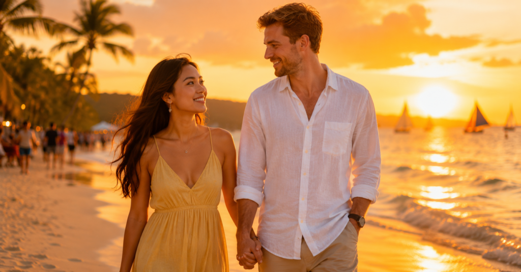 A romantic Filipino woman and Australian man holding hands on a tropical beach at sunset, golden hour lighting, Boracay Philippines, soft bokeh background, warm colors, photorealistic.