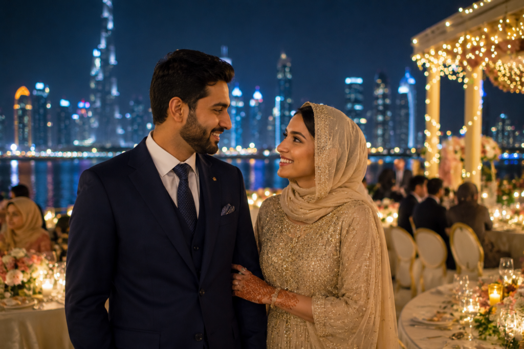 A South Asian Muslim couple in elegant formal attire smiling together at a wedding reception, Dubai skyline at night in background, fairy lights, photorealistic portrait