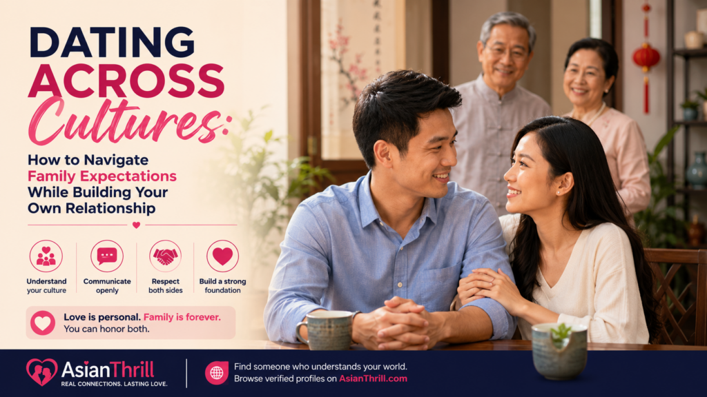 Happy Asian couple with supportive parents in the background, representing dating across cultures, balancing family expectations, and building a strong relationship based on respect, communication, and shared values.